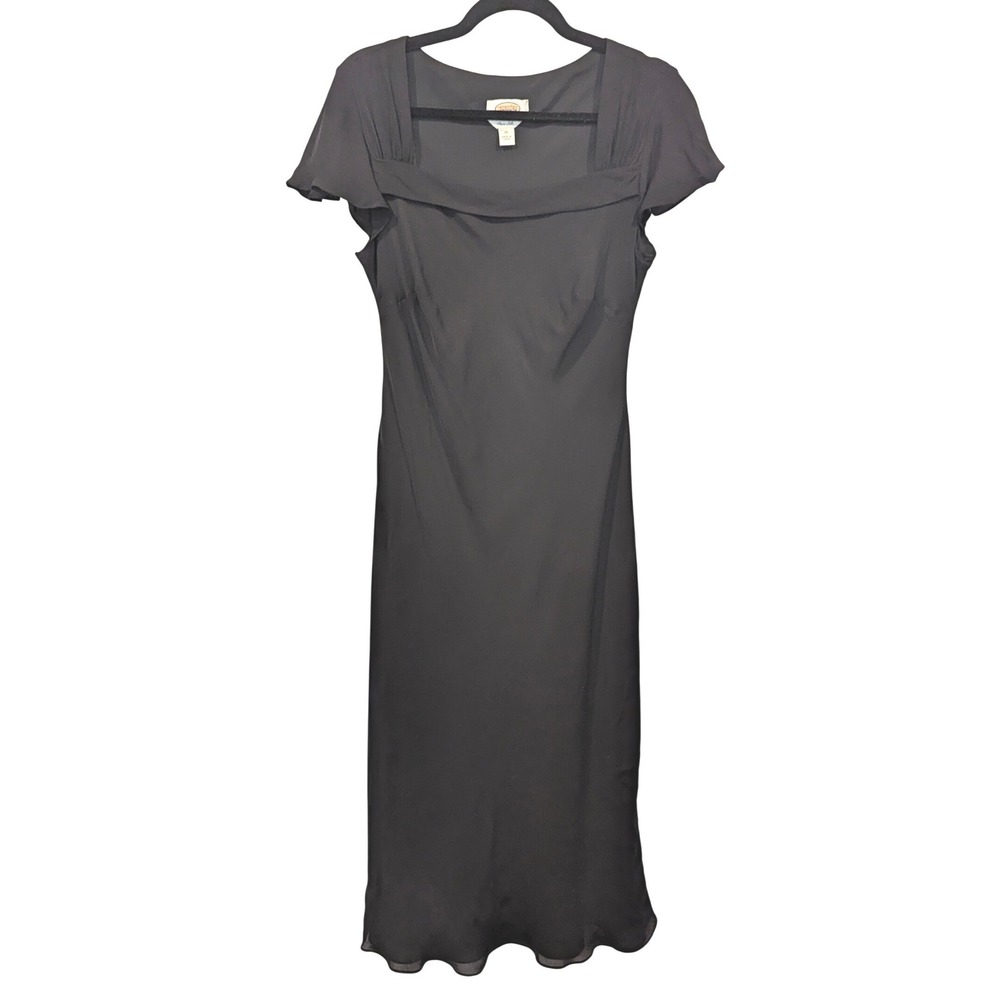 Talbots Silk Midi‎ Dress Black Vintage Minimal Square Neck Elegant Cocktail LBD